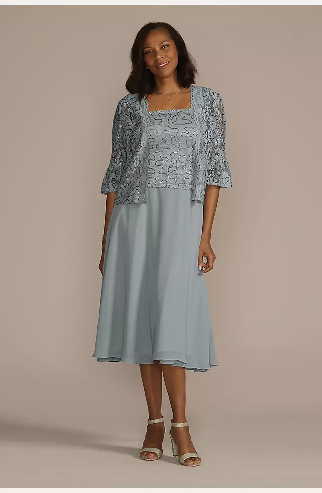 Tea Length Sequin Lace and Chiffon Jacket Dress Image