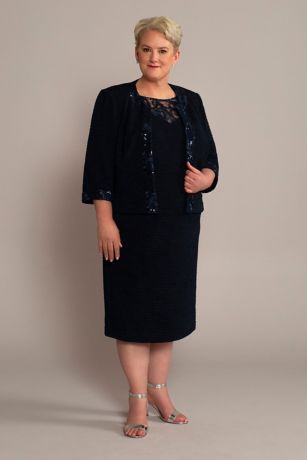 Sequined Illusion Neck Plus Size Dress and Jacket