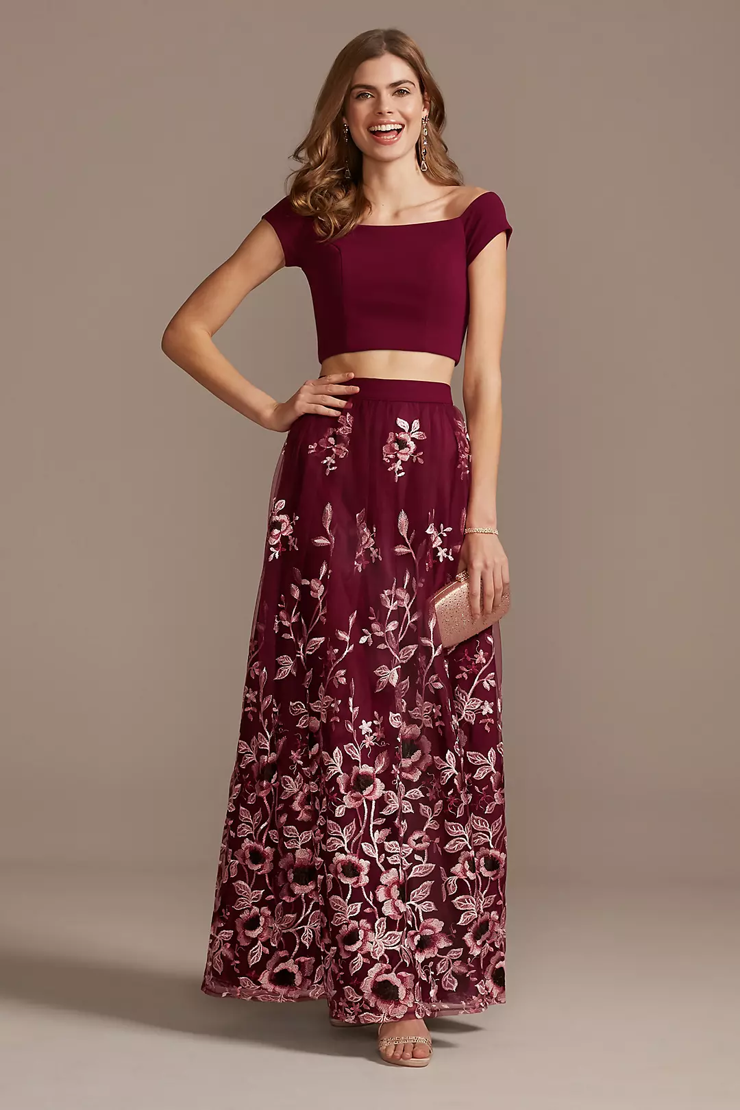 Off the Shoulder Crop and Embroidered Skirt Set Image