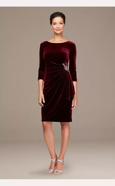 Stretch Velvet Ruched Petite Dress with Beaded Hip Image 1