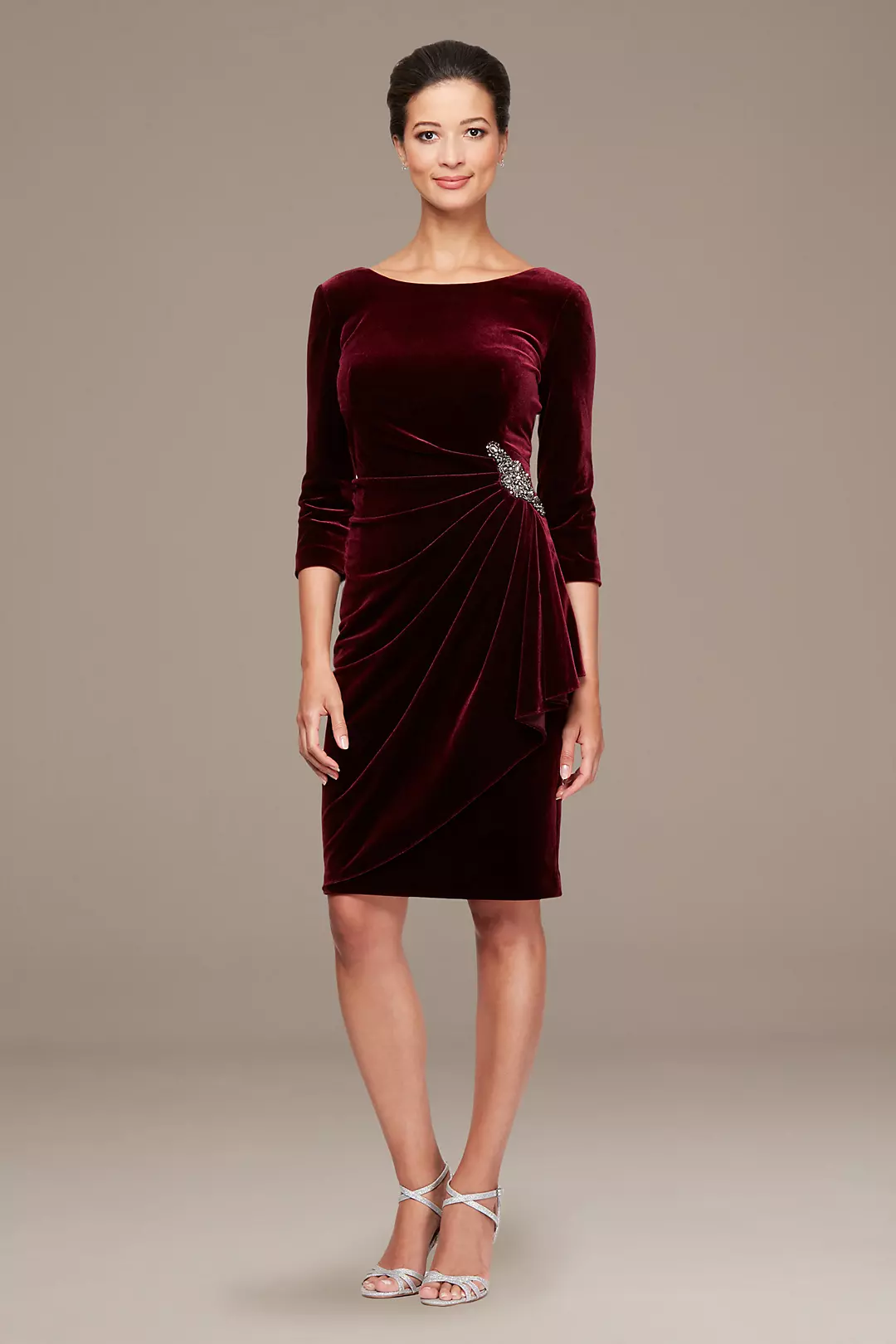Stretch Velvet Ruched Petite Dress with Beaded Hip Image