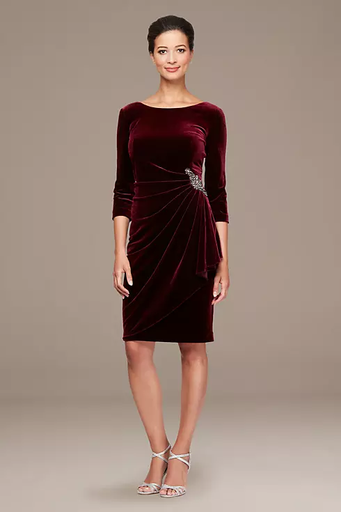 Stretch Velvet Ruched Petite Dress with Beaded Hip Image 1