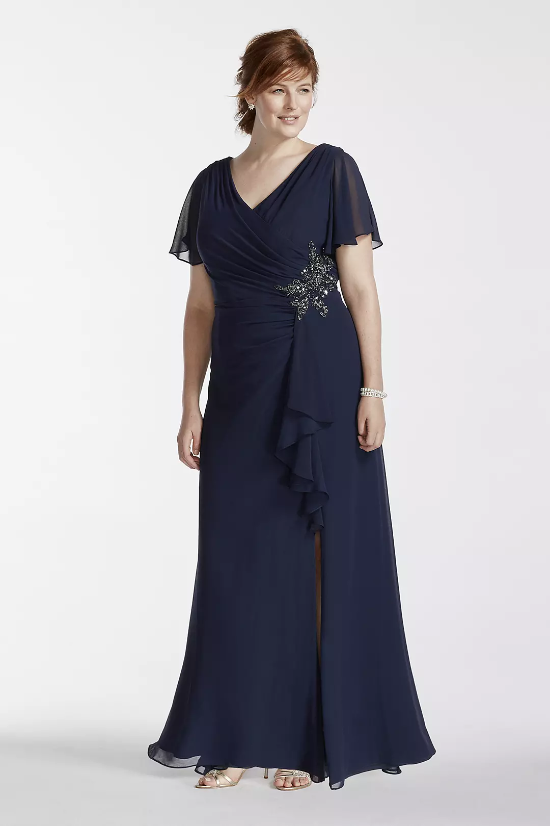 Long Chiffon Plus Size Dress with Flutter Sleeves Image 1