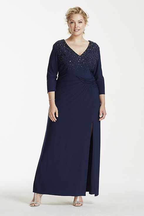 3/4 Sleeve Long Jersey Dress with Beaded Bodice Image 1
