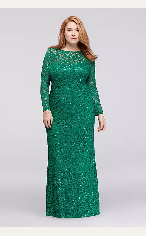 Long Sleeve Illusion Neckline Sequined Lace Dress  Image 1