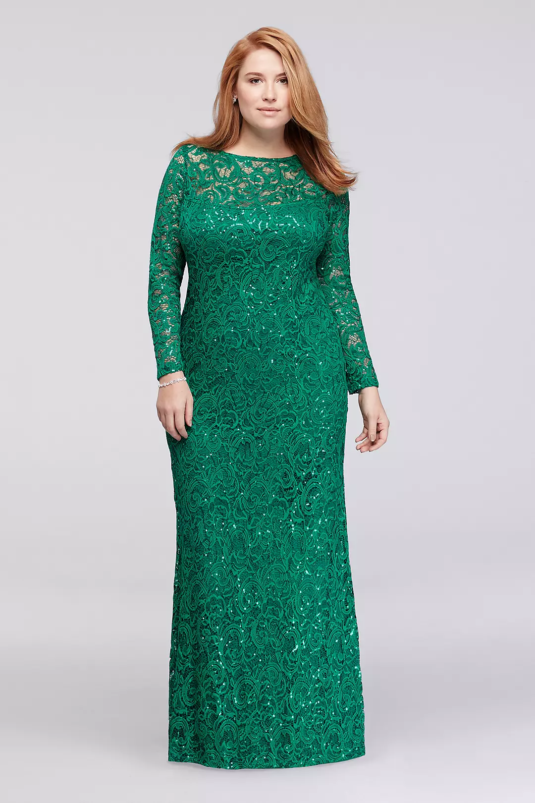Long Sleeve Illusion Neckline Sequined Lace Dress  Image