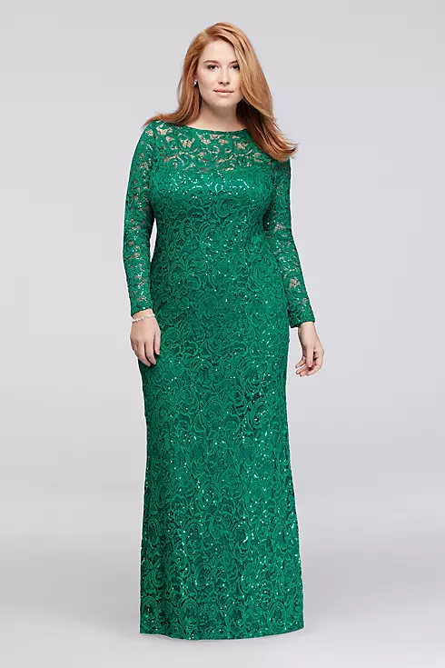 Long Sleeve Illusion Neckline Sequined Lace Dress  Image 1