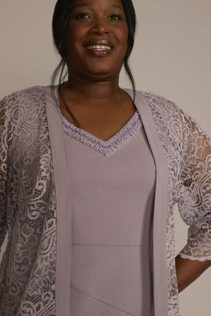 Short Beaded V-Neck Dress with Sheer Sleeve Jacket | David's Bridal