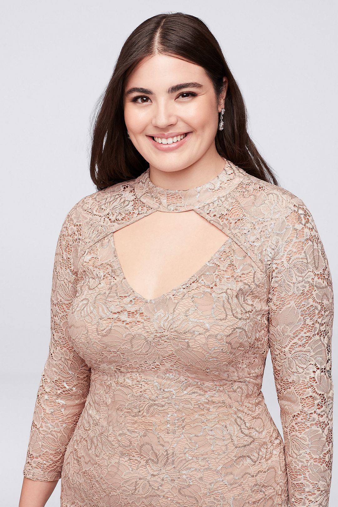 Sequin Lace 3/4-Sleeve Cocktail Dress with Keyhole Image 3