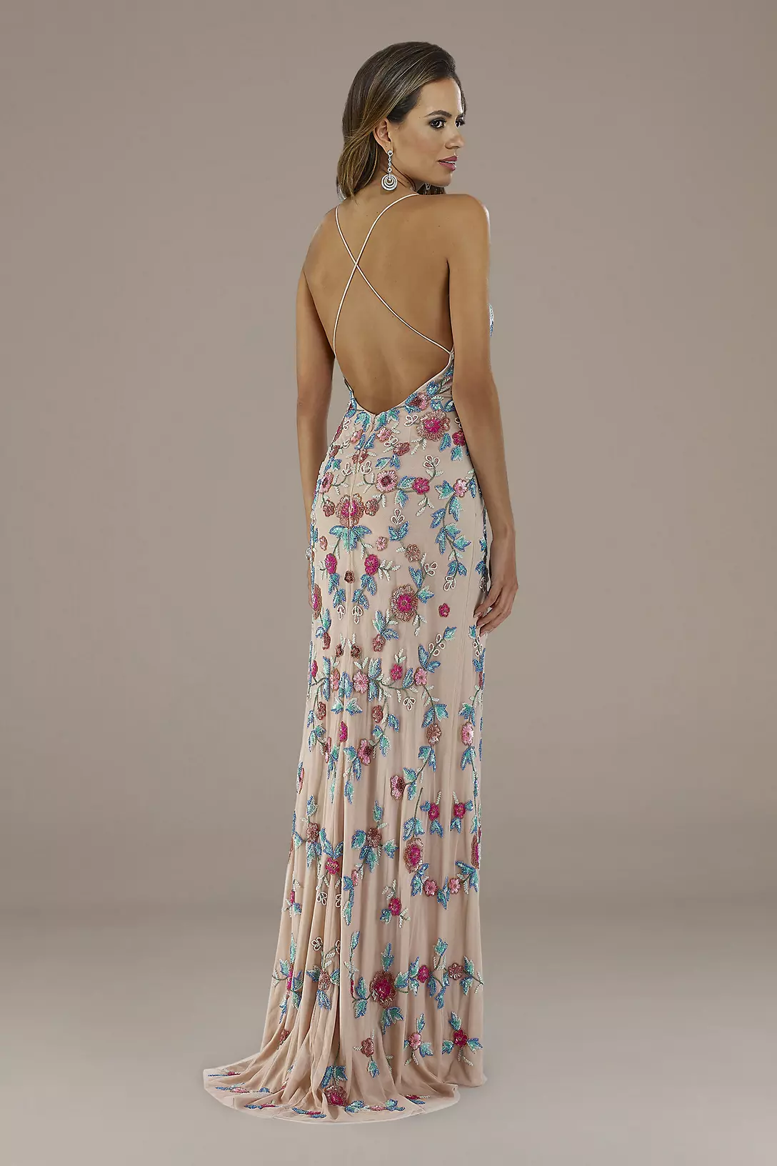 Lara Emily Cross-Back Floral Beaded Sheath Gown Image 2