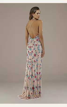 Lara Emily Cross-Back Floral Beaded Sheath Gown Image 2