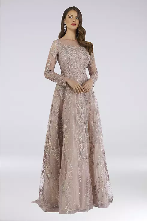 Illusion Long-Sleeve Embroidered Applique Gown Image 1