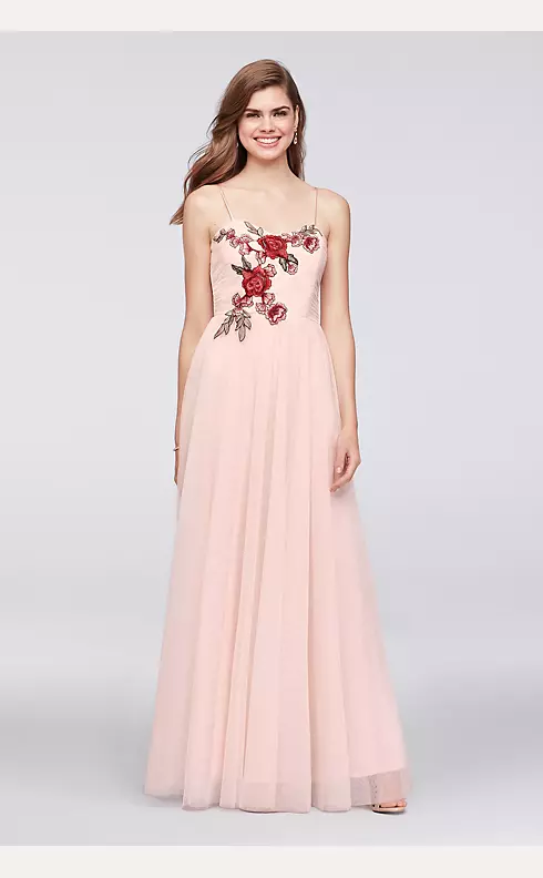 Floral-Appliqued Pleated Mesh A-Line Gown Image 1