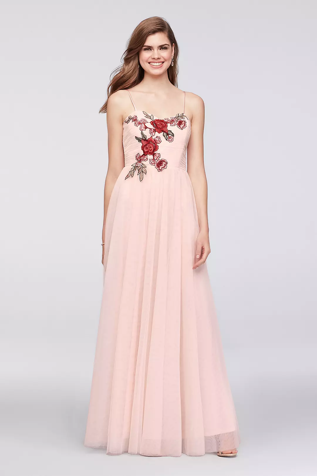 Floral-Appliqued Pleated Mesh A-Line Gown Image