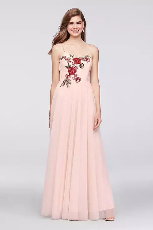Floral-Appliqued Pleated Mesh A-Line Gown Image 1
