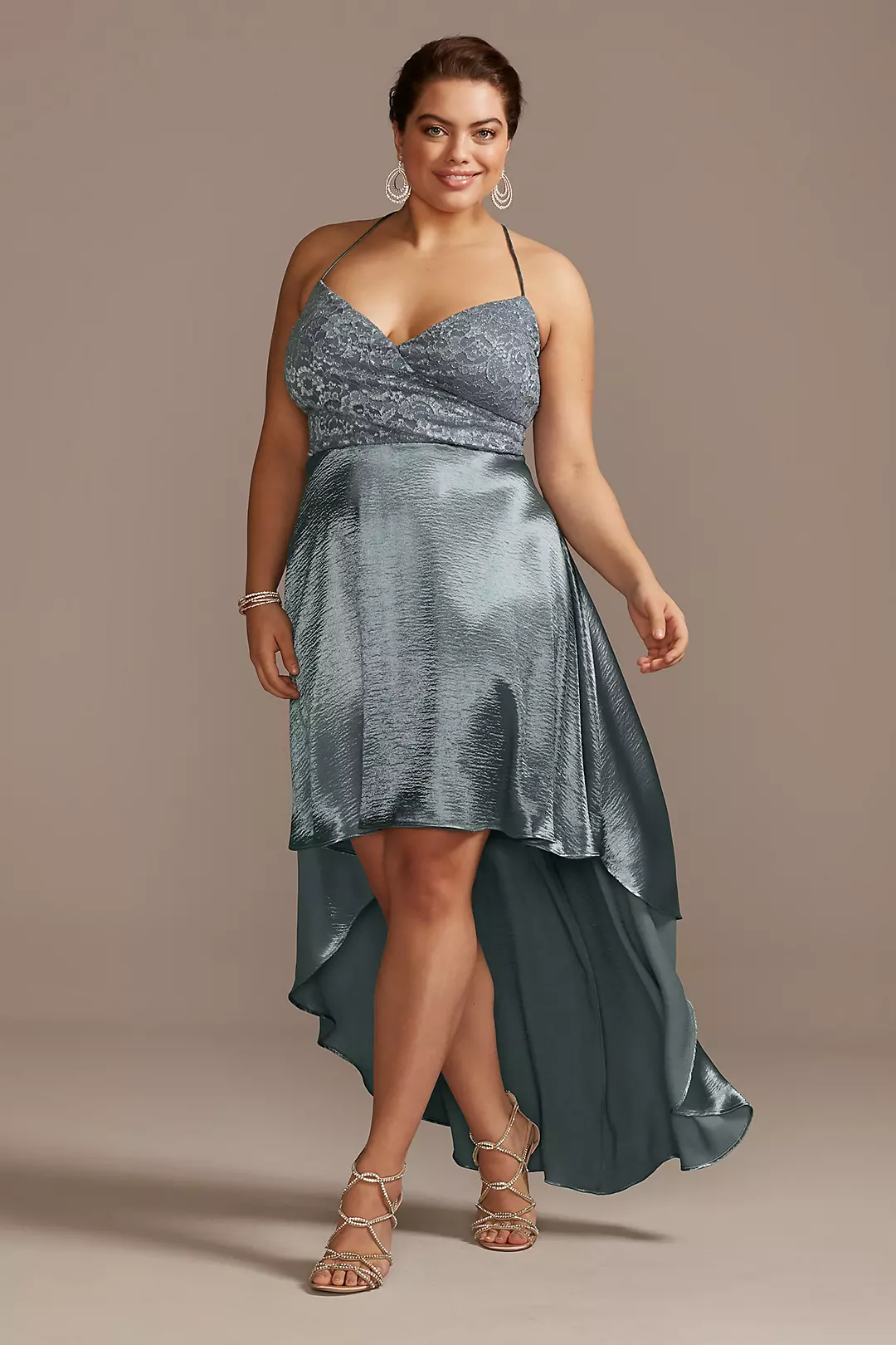 Lace and Brushed Satin High Low Strappy Dress Image