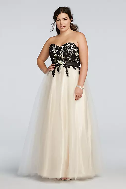 Strapless Lace Prom Dress with Tulle Skirt  Image 1