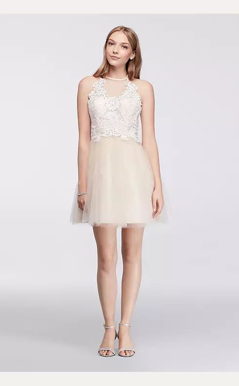 Short Halter Dress with Illusion Lace Neckline Image 1