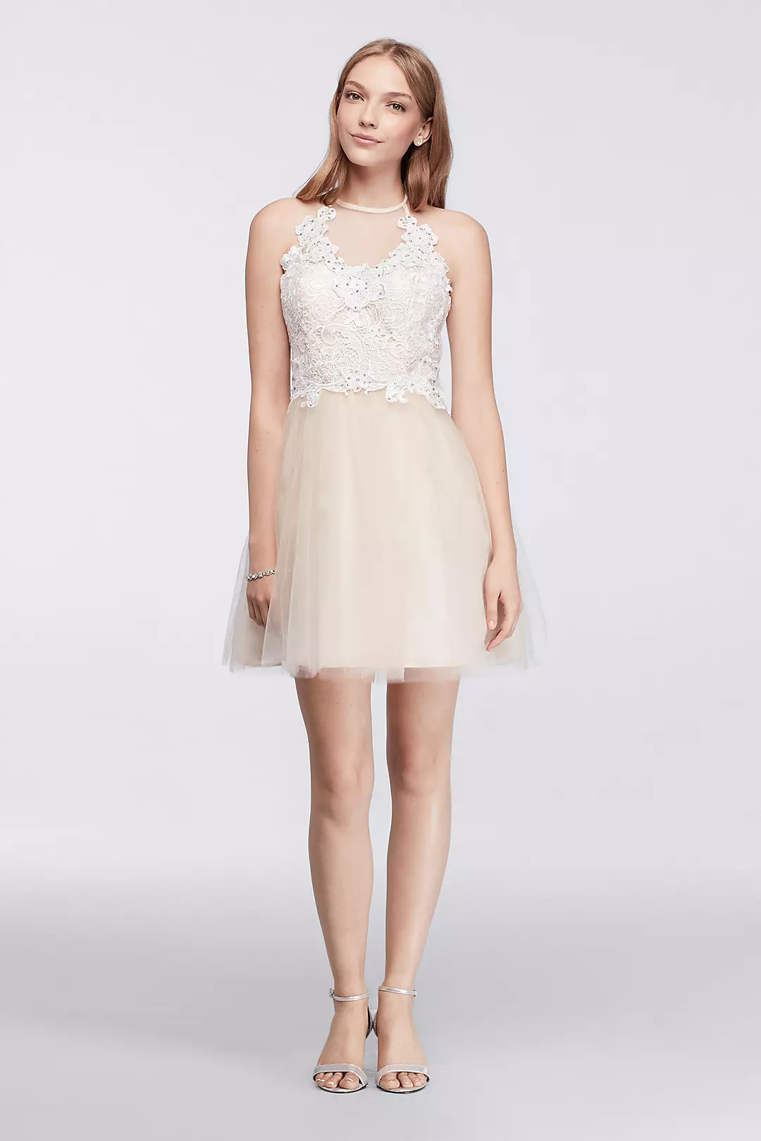 Short Halter Dress with Illusion Lace Neckline Image