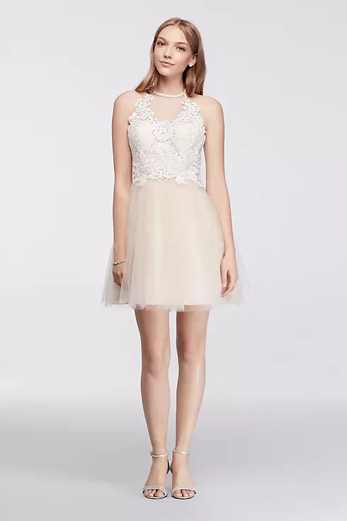 Short Halter Dress with Illusion Lace Neckline Image 1