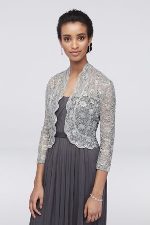 3/4 Sleeve Sequin Lace Jacket with Scalloped Trim