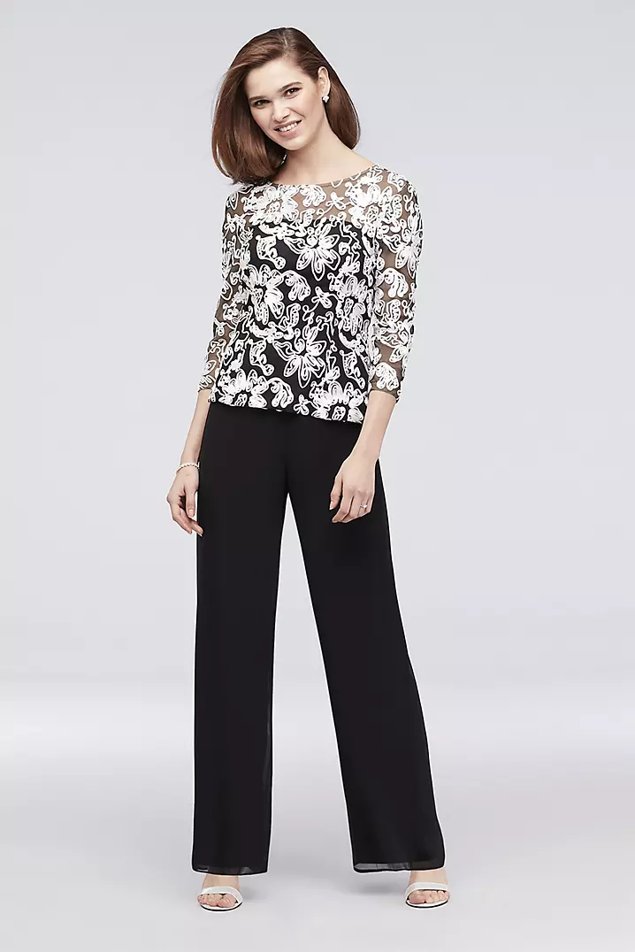 Illusion Mesh 3/4 Sleeve Top with Floral Piping | David's Bridal Illusion Mesh 3/4 Sleeve Top with Floral Piping | David's Bridal