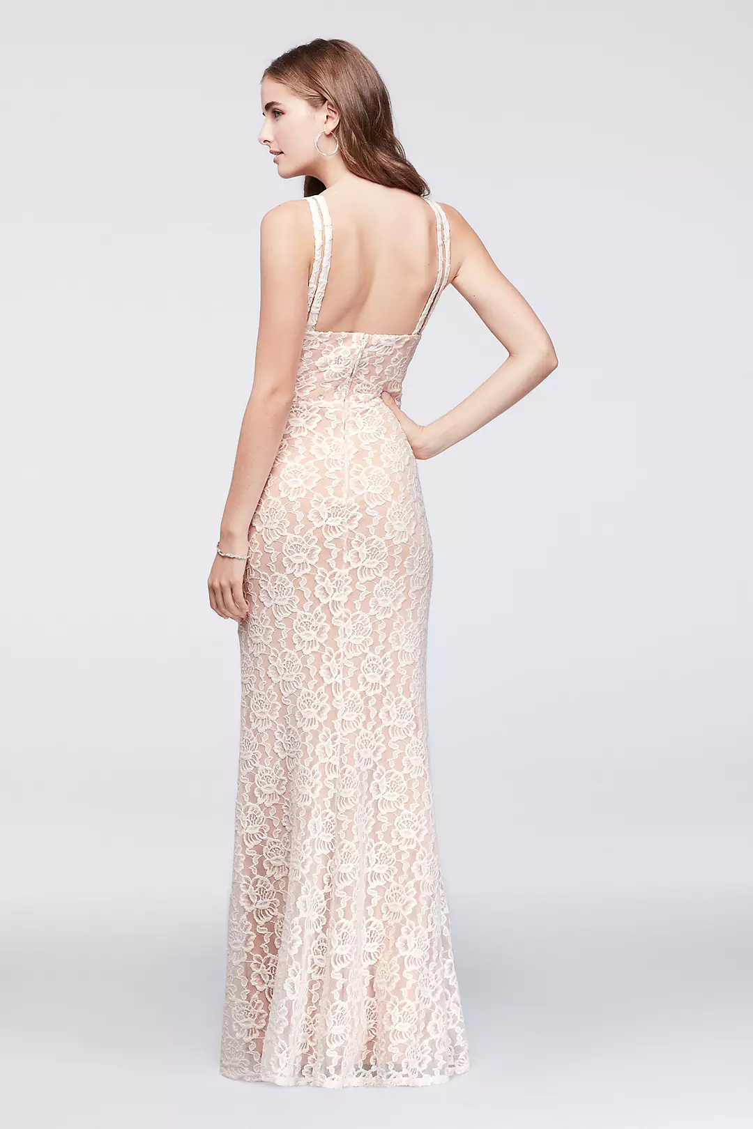 Long Lace Dress with Cutaway Bodice and Slit Skirt Image 2