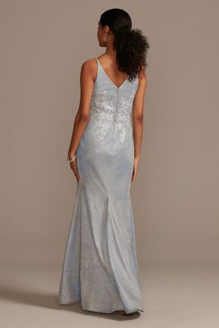 Floral Applique Metallic Glitter Plunge Gown | David's Bridal