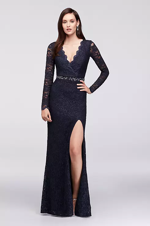 Glitter Lace Surplice Mermaid Gown with Keyhole  Image 1