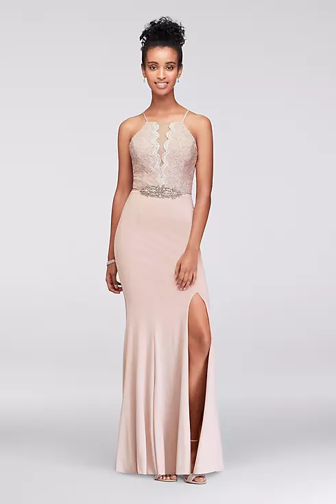Beaded Waist Lace and Jersey Halter Sheath Gown Image 1