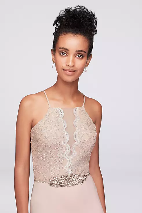 Beaded Waist Lace and Jersey Halter Sheath Gown Image 3