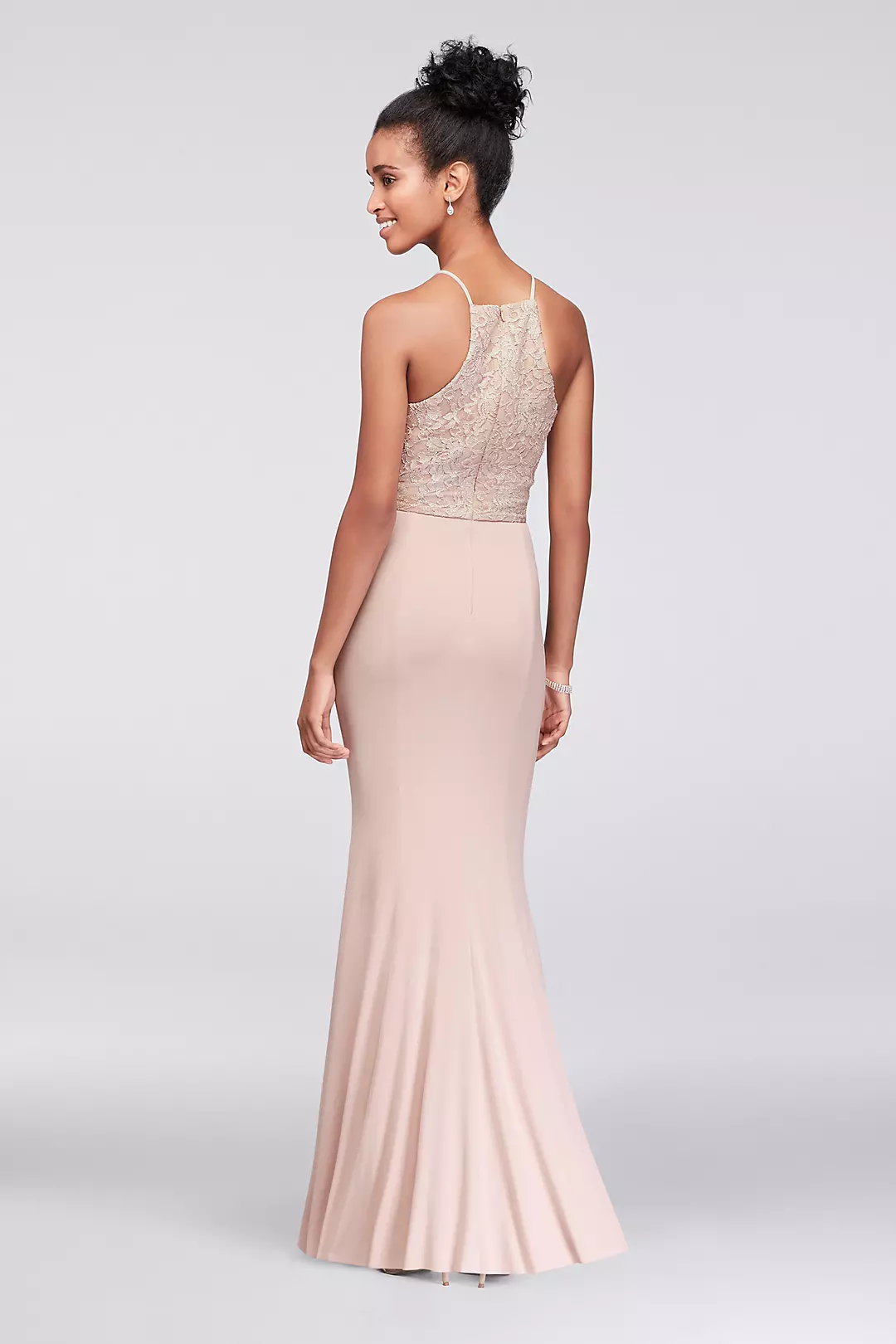 Beaded Waist Lace and Jersey Halter Sheath Gown | David's Bridal