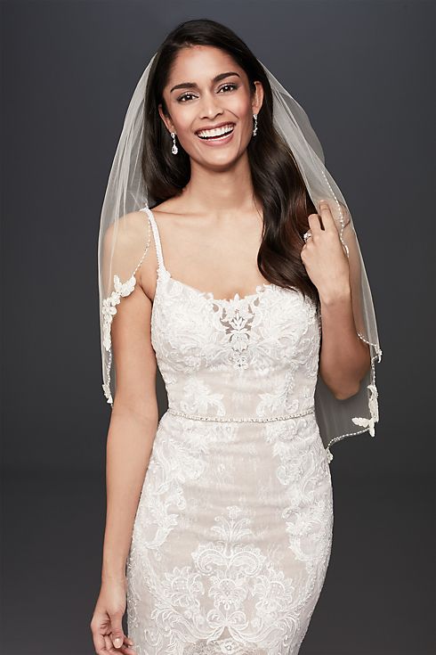 Floral Lace and Crystal Trimmed Elbow Length Veil Image 2