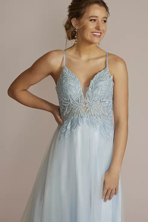 Lace Applique A-Line Dress with Mesh Skirt Image 3