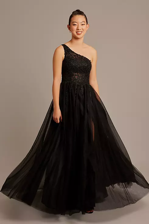 Beaded Lace and Tulle One-Shoulder A-Line Dress Image 1