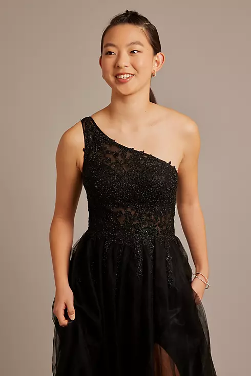 Beaded Lace and Tulle One-Shoulder A-Line Dress Image 3