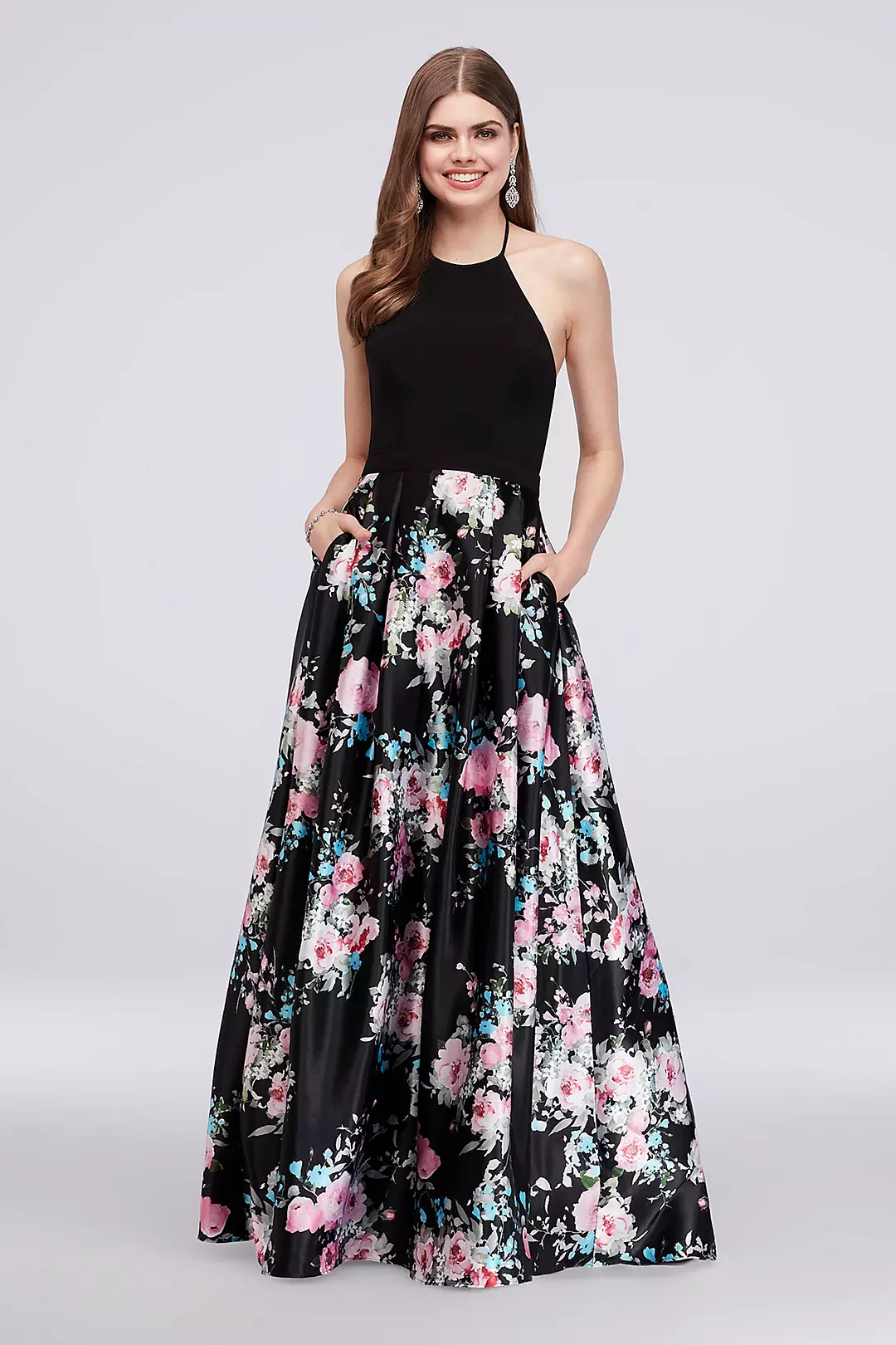 Jersey and Floral Satin Halter Ball Gown Image