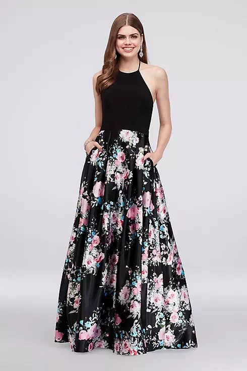 Jersey and Floral Satin Halter Ball Gown Image 1
