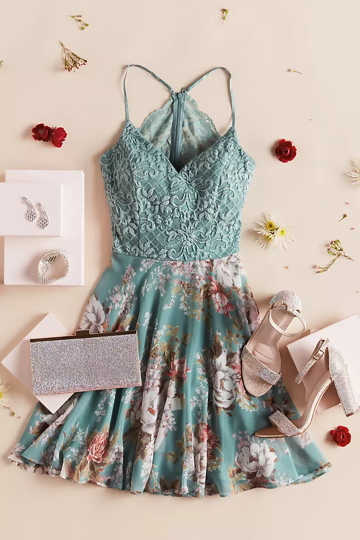 Glitter Lace Mini Dress with Floral Chiffon Skirt | David's Glitter Lace Mini Dress with Floral Chiffon Skirt | David's