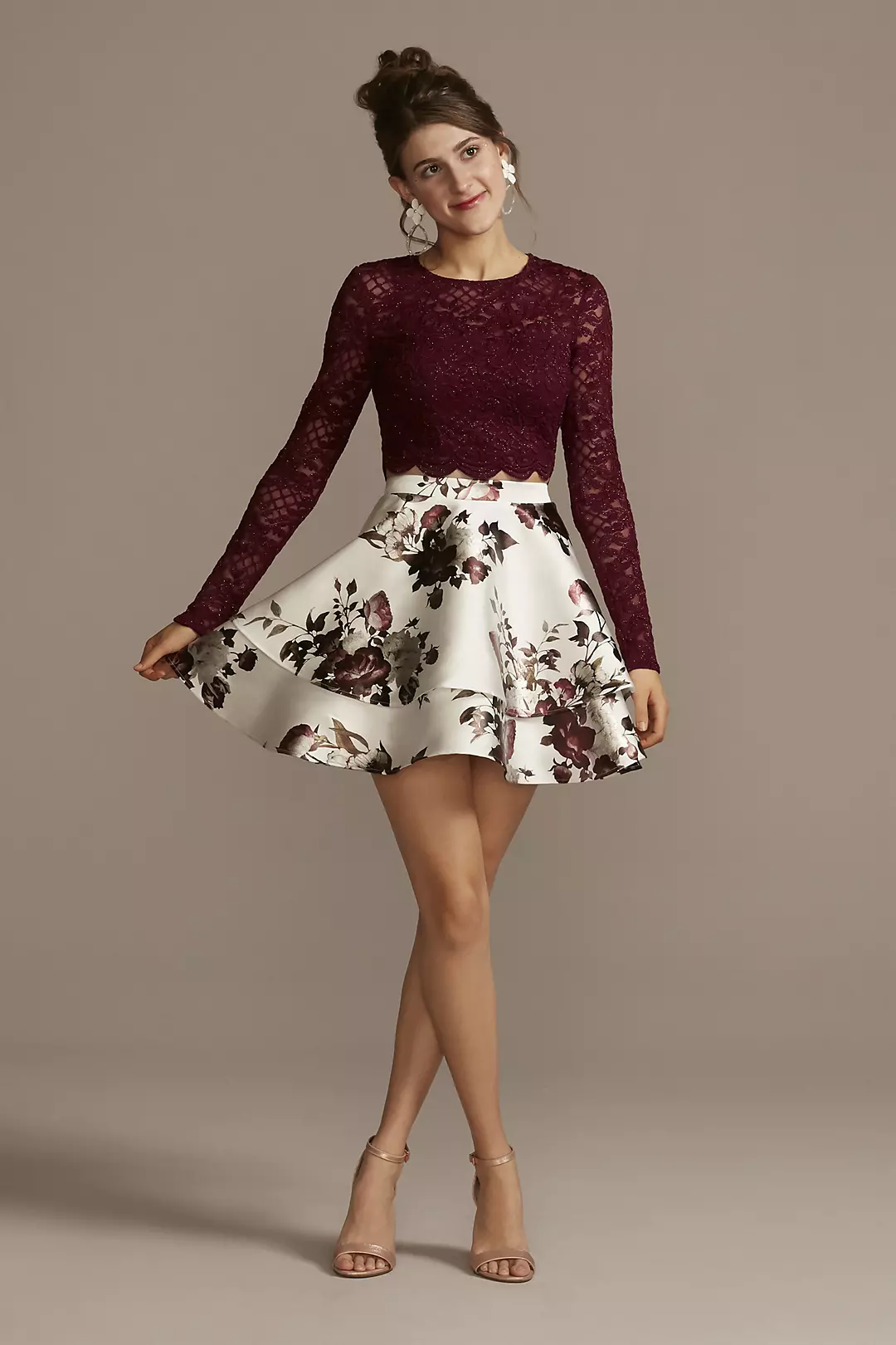 Lace Top and Floral Satin Skirt Two-Piece Set | David's Bridal Lace Top and Floral Satin Skirt Two-Piece Set | David's Bridal
