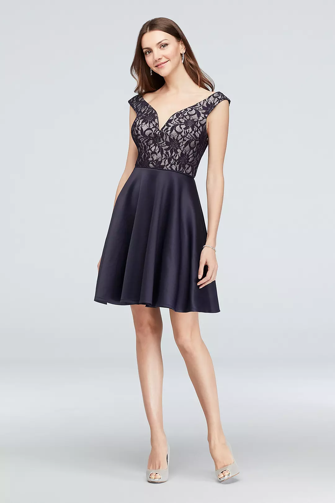 V-Neck Bonded Lace Fit-and-Flare Short Dress Image