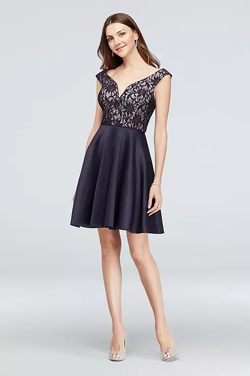 V-Neck Bonded Lace Fit-and-Flare Short Dress Image 1