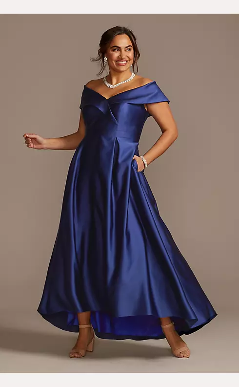 Satin Off the Shoulder Gown with Portrait Collar Image 1