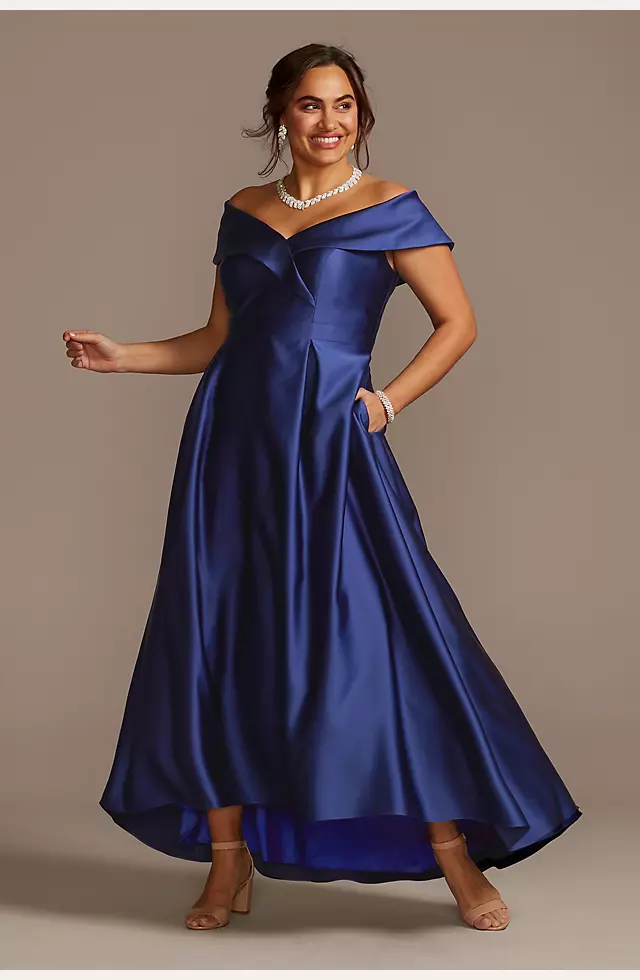 Satin Off the Shoulder Gown with Portrait Collar Image
