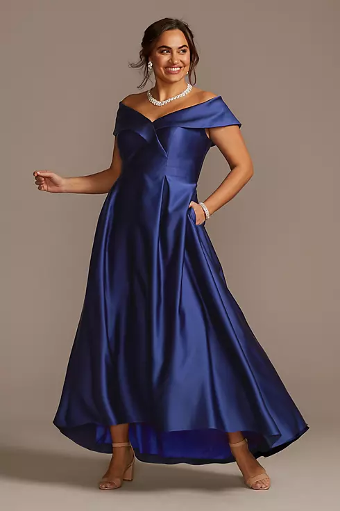 Satin Off the Shoulder Gown with Portrait Collar Image 1