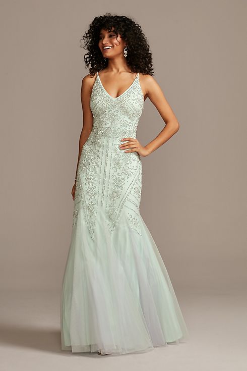 Beaded V-Neck Mermaid Gown with Tulle Godets Image