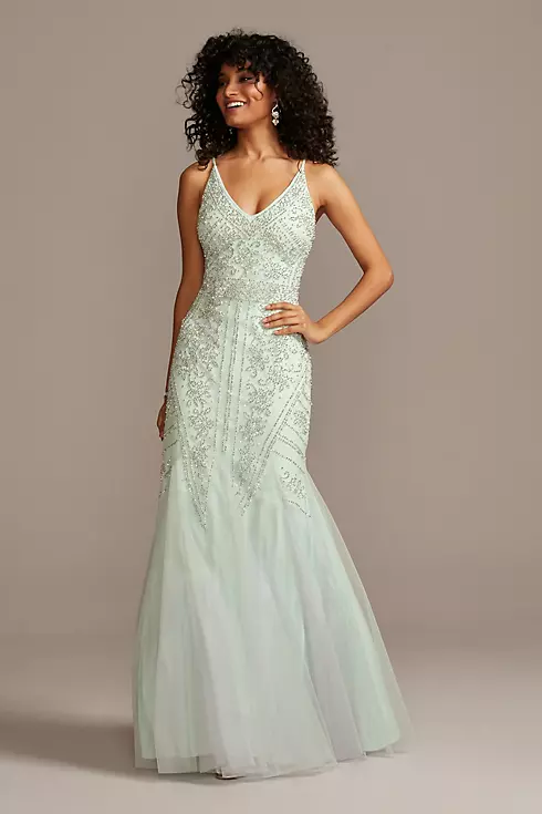 Beaded V-Neck Mermaid Gown with Tulle Godets Image 1