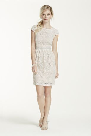 Short Lace Cap Sleeve Dress with Beaded Waist | David's Bridal