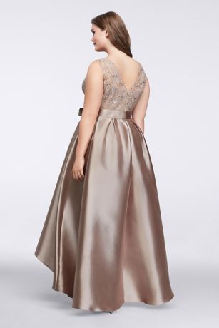 sequin lace and mikado high low hem gown with bow