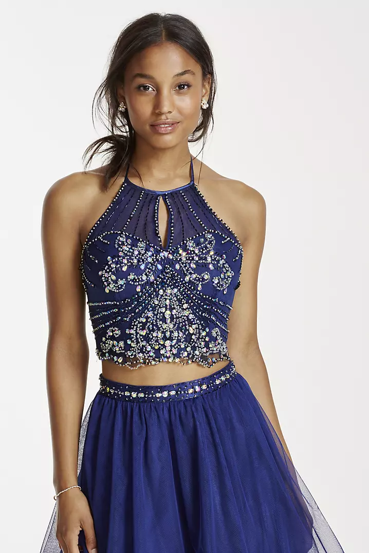 Embellished Halter Crop Top with Short Tulle Skirt | David's Embellished Halter Crop Top with Short Tulle Skirt | David's